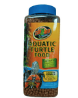 The 13oz jar of ZooMed Aquatic Turtle Food presents brown pellets, emphasizing its natural growth formula designed for turtles over 2 inches. It is enriched with essential vitamins and minerals and features vibrant packaging with a striking turtle image in orange and blue colors.