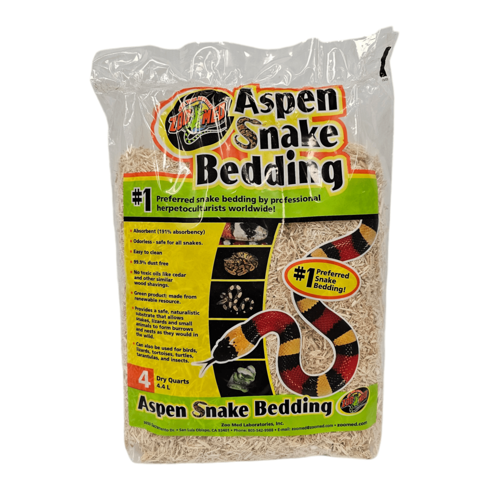 The ZooMed Aspen Snake Bedding 4qt package, adorned with a vibrant snake image, emphasizes its excellent absorption capabilities, natural scent, and suitability for snakes. It's also noted as a preferred choice among herpetoculturists.