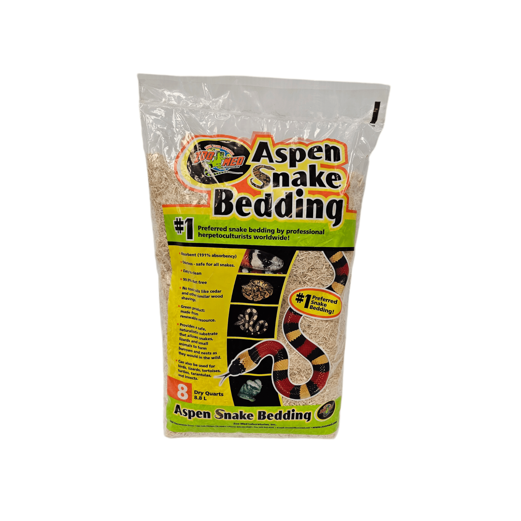 The clear plastic bag, featuring colorful graphics and product information, is labeled ZooMed Aspen Snake Bedding 8qt. It contains bedding materials suitable for reptiles, particularly snakes.