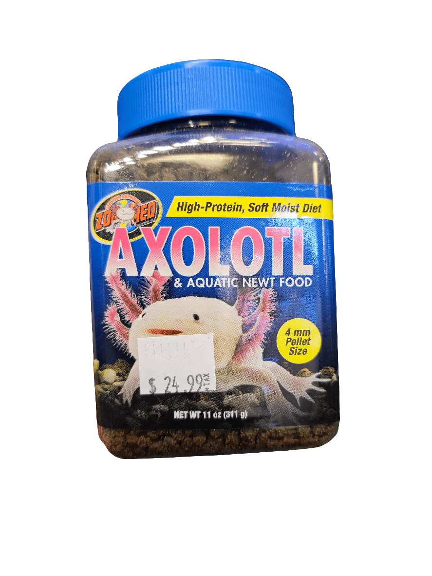 An 11oz container of ZooMed Axolotl & Aquatic Newt Food features a blue lid, displaying an image of an axolotl and promoting a soft, moist, high-protein diet with 4 mm pellet size. It is priced at $24.99.