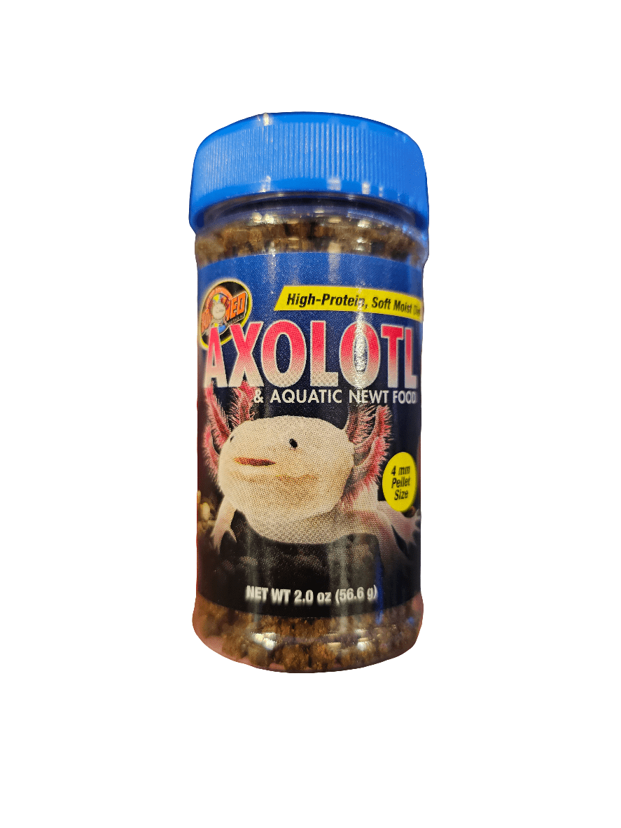 The ZooMed Axolotl & Aquatic Newt Food, presented in a jar with a blue lid, features a label depicting an axolotl along with aquatic newt imagery and emphasizes its high-protein content through soft-moist pellets. The net weight is 2 ounces (56.8 grams).