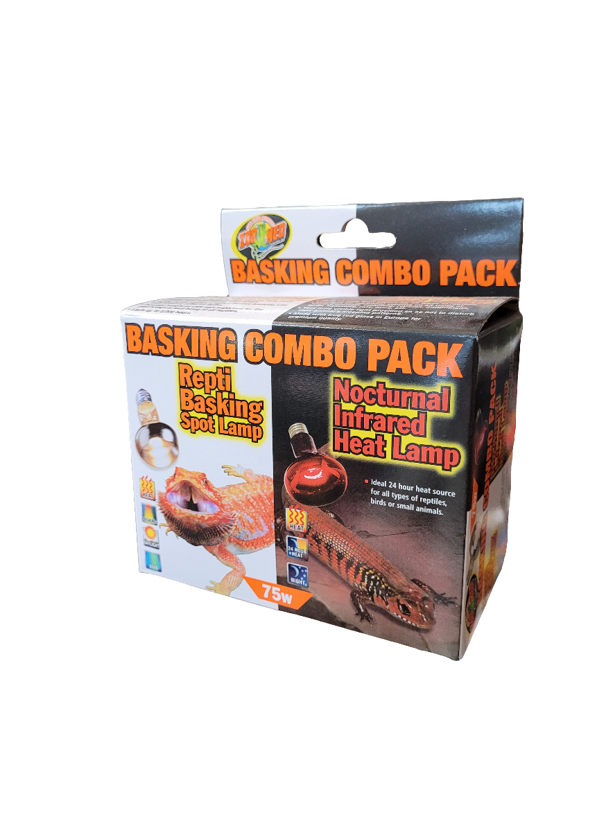 ZooMed Basking Day/Night Combo Pack 75w box featuring a Repti basking spot lamp and nocturnal infrared heat lamp, 75 watts, with images of a reptile and the lamps on the packaging.