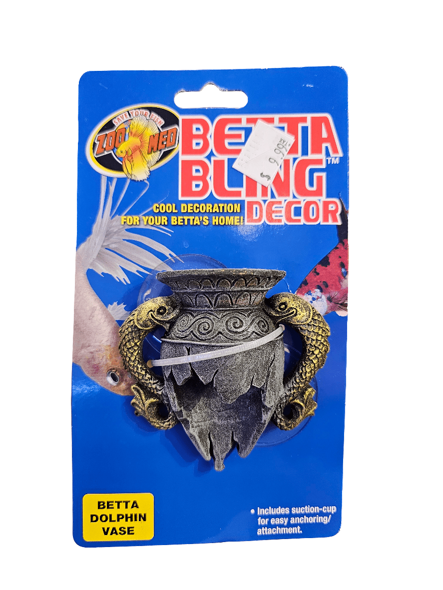 ZooMed's Betta Bling Decor - Dolphin Vase is a decorative fish tank accessory designed to enhance any betta's habitat. It showcases a small broken vase with two dolphin figures on its sides and images of fish in the background. The price tag is displayed prominently in the top right corner.