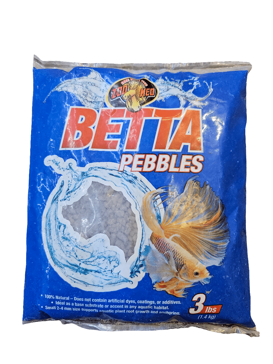 A bag of ZooMed - Betta Pebbles 3 lbs in blue, featuring a design with a betta fish and water splash. The package includes 3 pounds of natural pebbles and highlights the absence of artificial dyes or coatings.