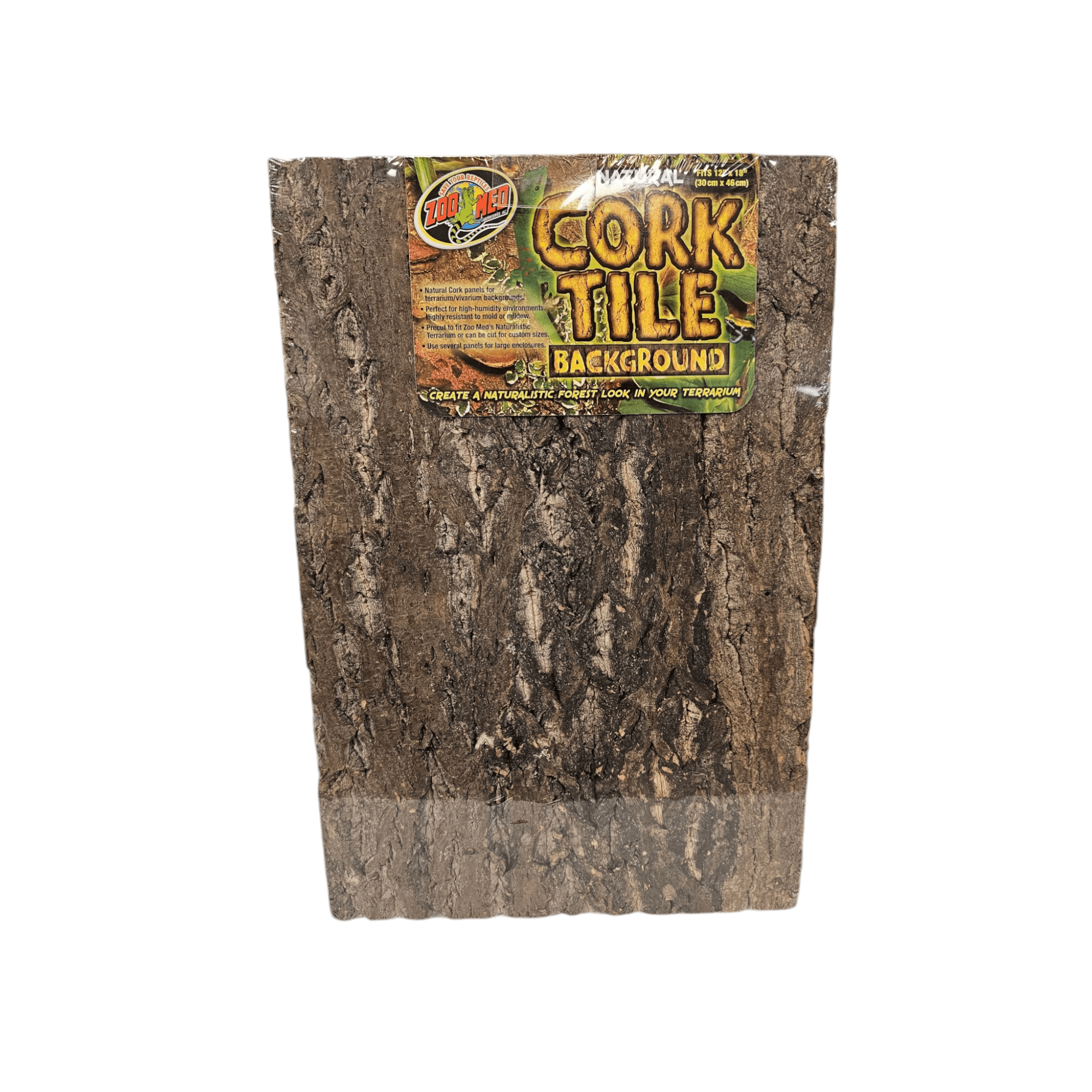 The ZooMed Cork Tile 12x18" is packaged in plastic and showcases the Zoo Med brand name, along with a description of the natural cork's applications. This tile features a textured, brown surface that is perfect for adding organic charm to any space.