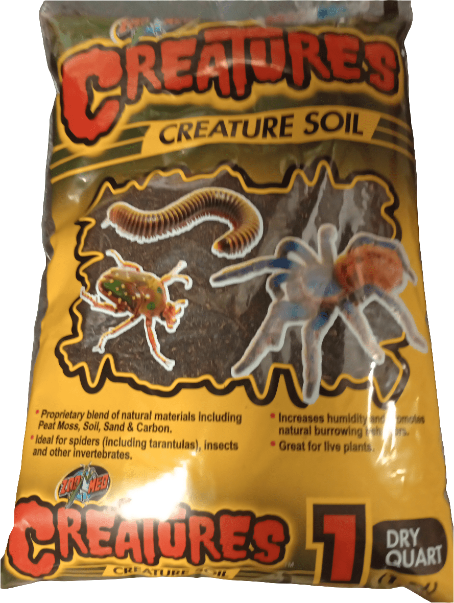 A bag of ZooMed Creatures Creature Soil, adorned with images of a spider, centipede, and beetle on its packaging. It promotes increased humidity, supports natural burrowing habits, and is perfect for live plants and invertebrates.