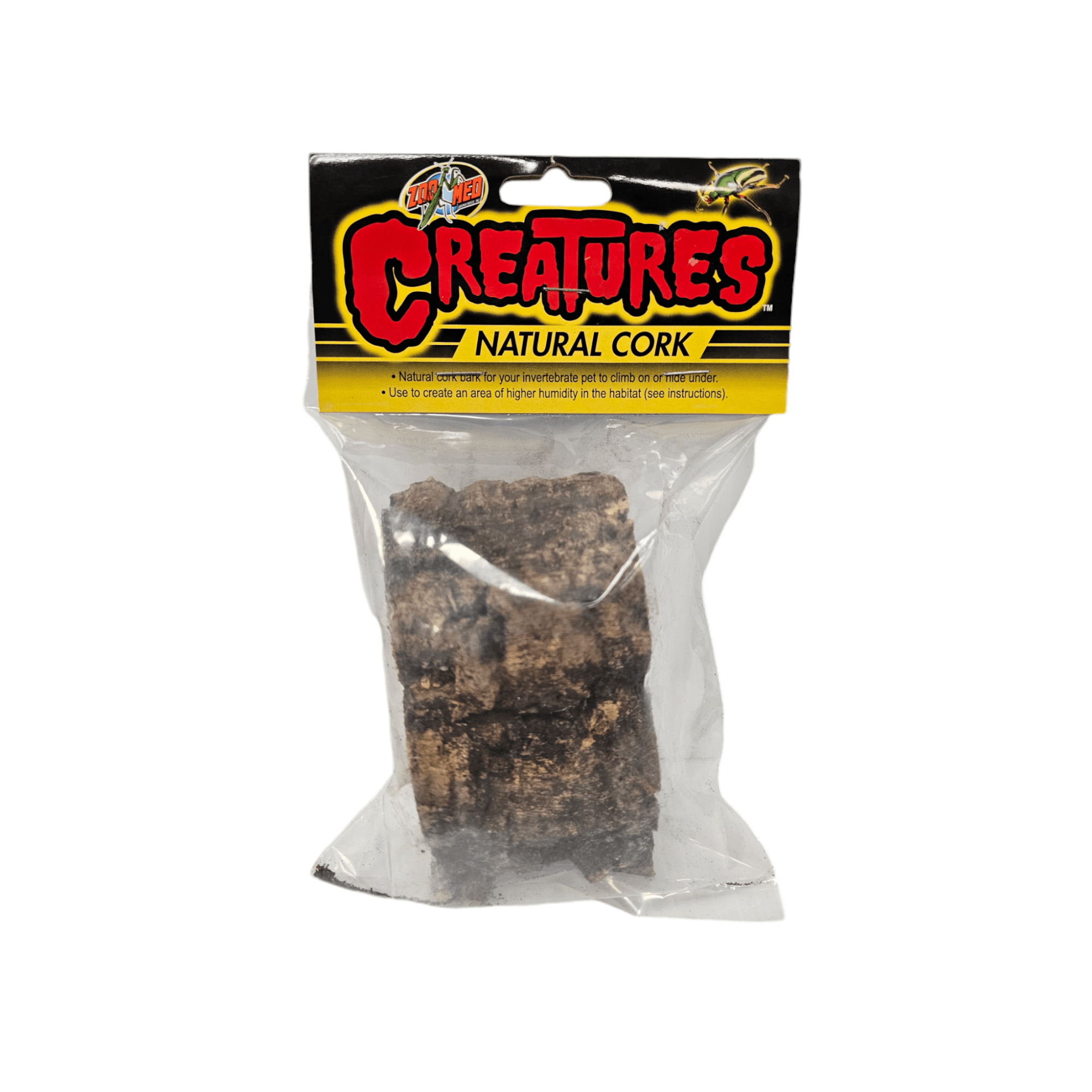 A clear plastic bag is sealed with a labeled header that reads, ZooMed Creatures Natural Cork, and contains natural cork pieces. The bag is designed for use with animals needing humidity.