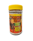 A jar of ZooMed - Cricket Care 1.75oz supplement with a yellow lid and orange label that features an image of a cricket and text indicating it is a natural, finely ground gut-load for crickets being fed to reptiles.