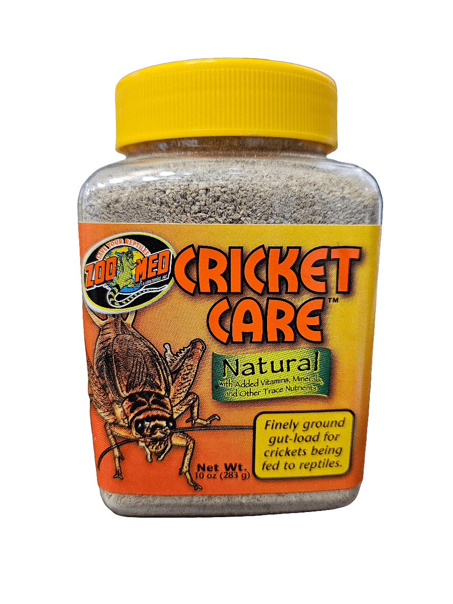 A 10 oz (283 g) jar of ZooMed Cricket Care, highlighted by its Natural gut-load powder for crickets, comes with a label showcasing a cricket image and emphasizes the inclusion of added vitamins and trace minerals for reptiles.