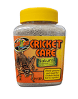 A 10 oz (283 g) jar of ZooMed Cricket Care, highlighted by its Natural gut-load powder for crickets, comes with a label showcasing a cricket image and emphasizes the inclusion of added vitamins and trace minerals for reptiles.