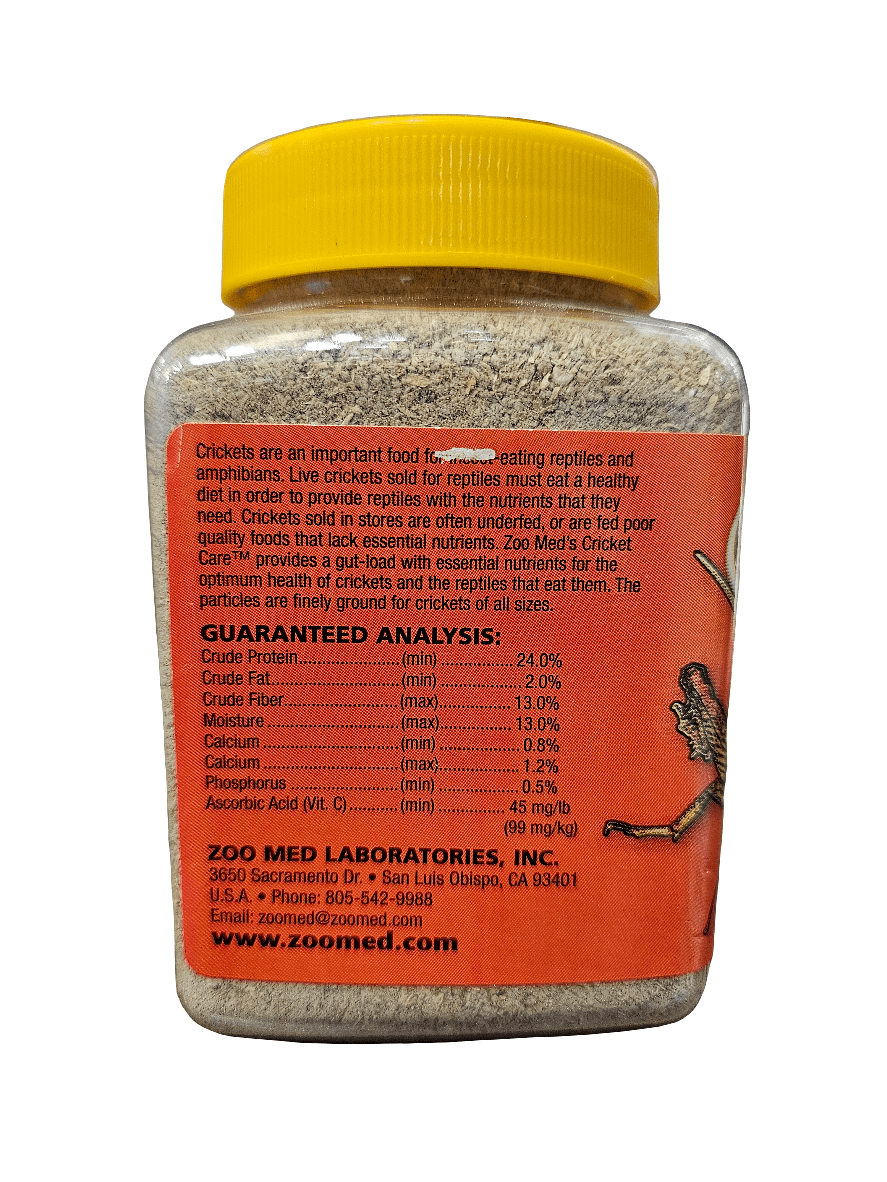 A 10 oz jar of ZooMed - Cricket Care, made from plastic with a yellow screw-on lid. The label shows nutritional information, guaranteed analysis, and contact details for Zoo Med Laboratories, along with a small image of a cricket on the right side.