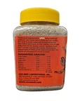 A 10 oz jar of ZooMed - Cricket Care, made from plastic with a yellow screw-on lid. The label shows nutritional information, guaranteed analysis, and contact details for Zoo Med Laboratories, along with a small image of a cricket on the right side.