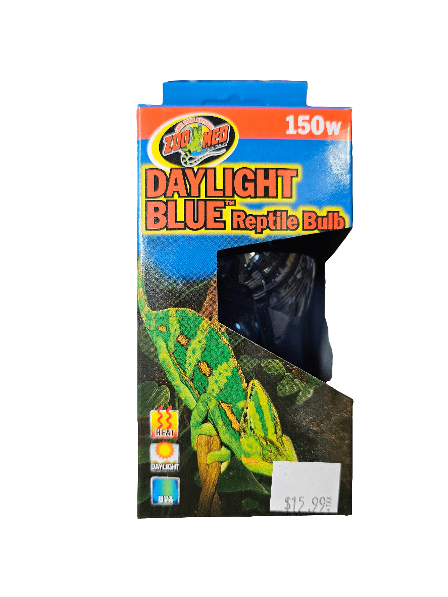 The packaging for the 150W ZooMed DayLight BLUE Reptile Bulb, perfect for reptile terrariums, features an image of a colorful chameleon and includes a price tag of $15.99.