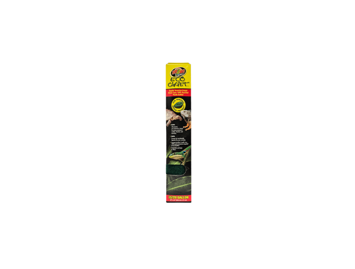 A ZooMed Eco Carpet Green 15/20 Gallon 12x24" package adorned with a yellow and red label. The packaging contains instructions and images demonstrating the product in use, likely intended for automotive or cleaning applications.