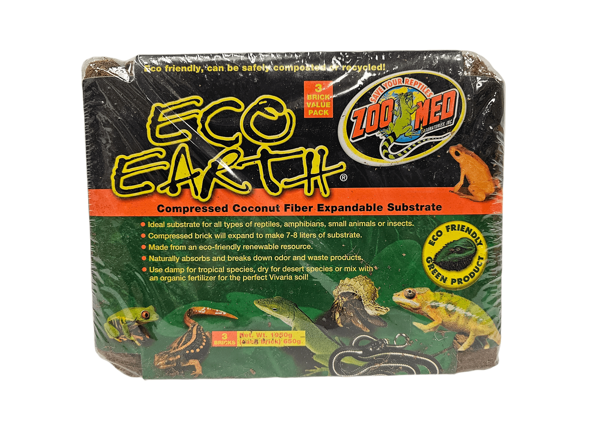 Front image of the ZooMed Eco Earth 3 Pack showing compressed coconut fiber substrate designed for reptiles, amphibians, and small animals. The label emphasizes its eco-friendly, expandable, and dust-free features, decorated with reptile graphics.