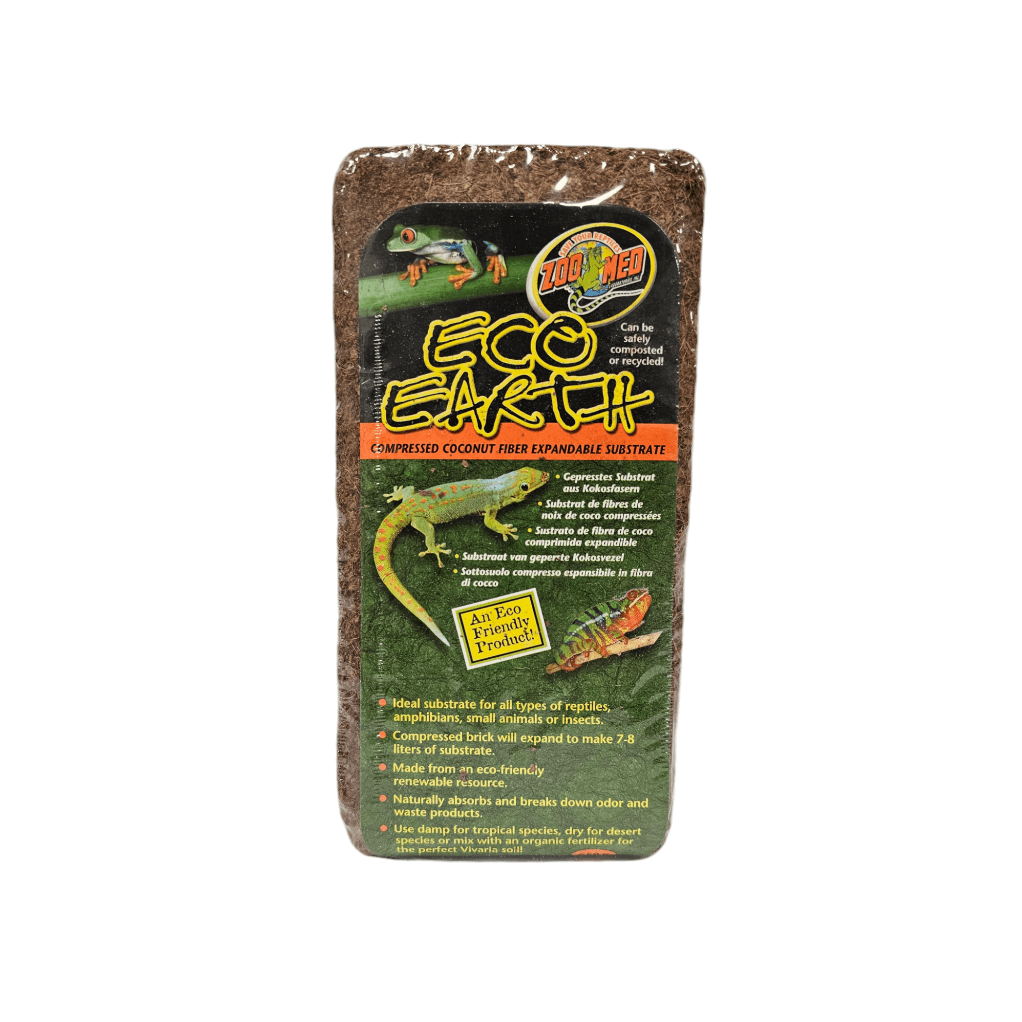 Package of ZooMed Eco Earth Brick, showcasing a compressed coconut fiber substrate. The label features vivid images of reptiles and describes the product as expandable and eco-friendly, ideal for various reptiles, amphibians, and invertebrates.