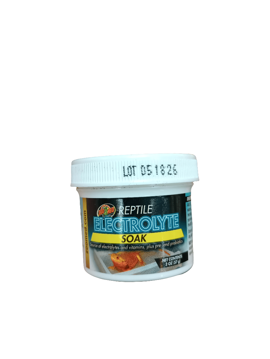 The ZooMed Electrolyte Soak 2oz is a small white plastic container offering essential electrolytes, vitamins, and probiotics to support reptile health. With the lot number 051826 on its lid, this product ensures your reptile's well-being in every 2 oz (56 g) package.