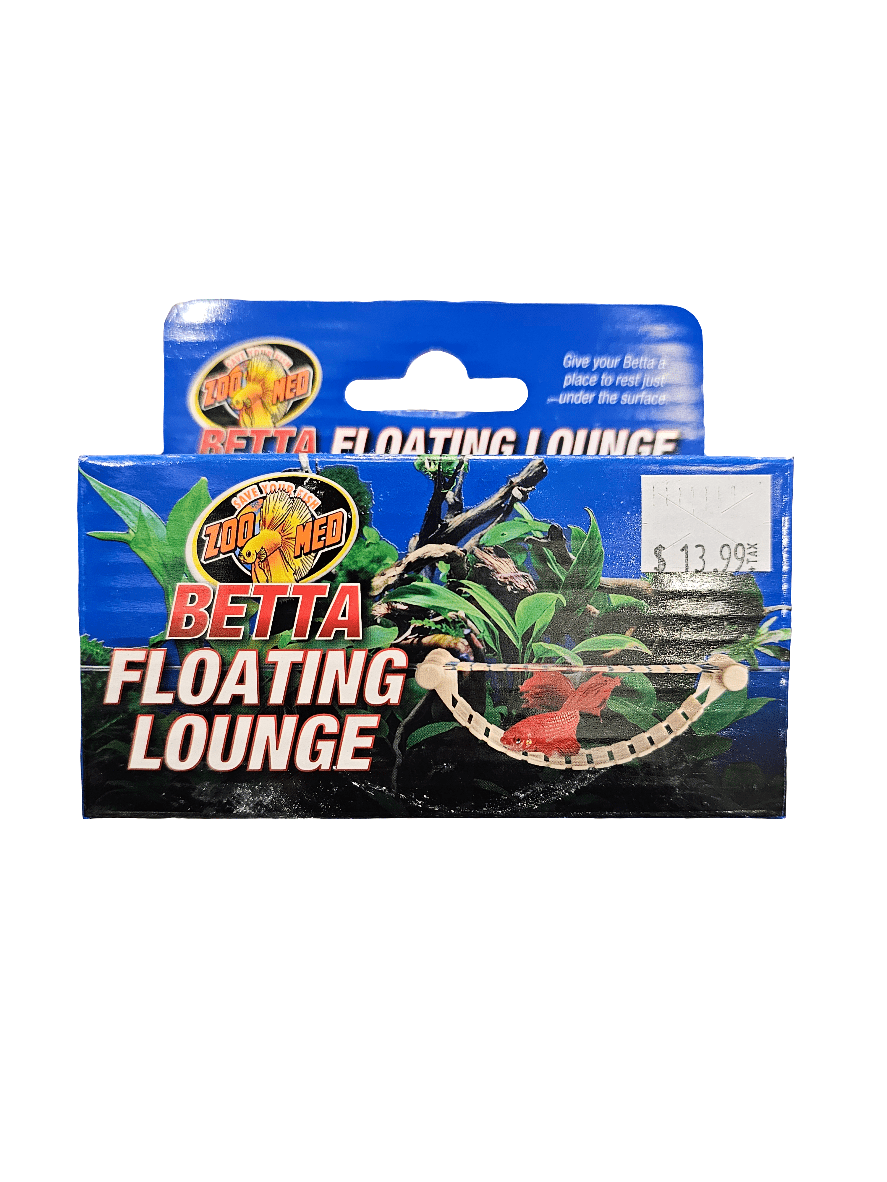 Packaging for ZooMed - Floating Betta Lounge. Features an image of a fish on the front with the price tag on the top right corner. The background includes aquatic plants, indicating its intended use for fish aquariums.