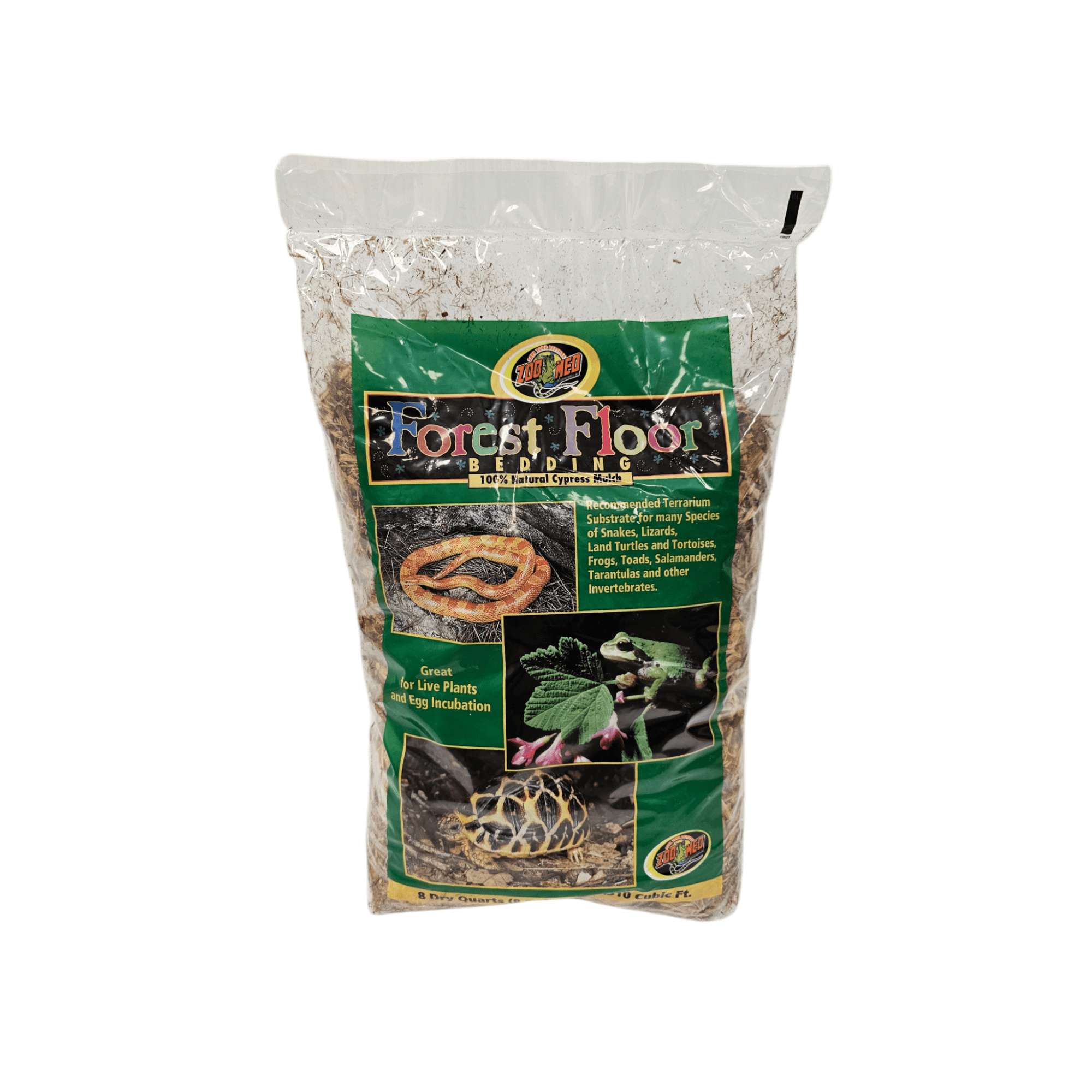 Package of ZooMed Forest Floor 24qt, adorned with images of reptiles and foliage. The packaging emphasizes its suitability for reptiles, amphibians, and live plant incubation, making it ideal for tropical species terrariums.