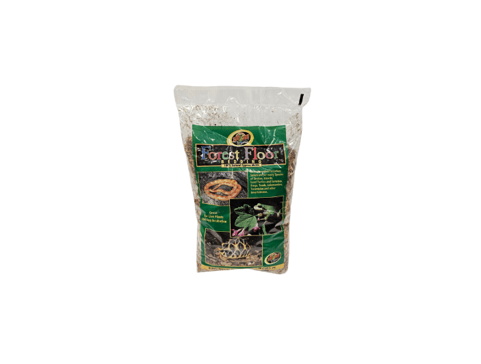 An 8-quart bag of ZooMed Forest Floor Bedding, designed for reptiles and amphibians, features packaging adorned with images of snakes and lush greenery to highlight its natural rainforest theme.