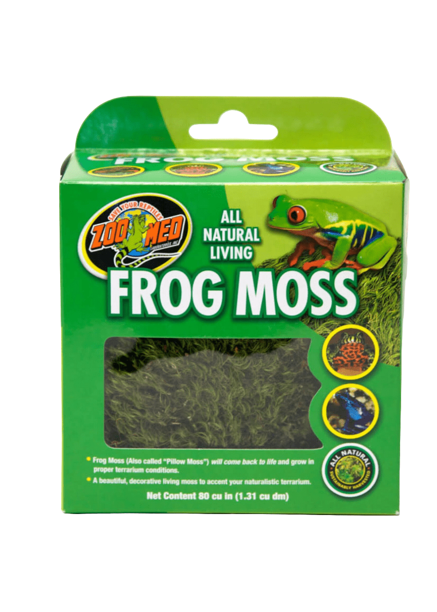 A green box labeled "ZooMed - Frog Moss 80cu" is displayed, featuring images of a frog and containing decorative moss for terrariums. The net content is 80 cubic inches (1.31 cubic decimeters).