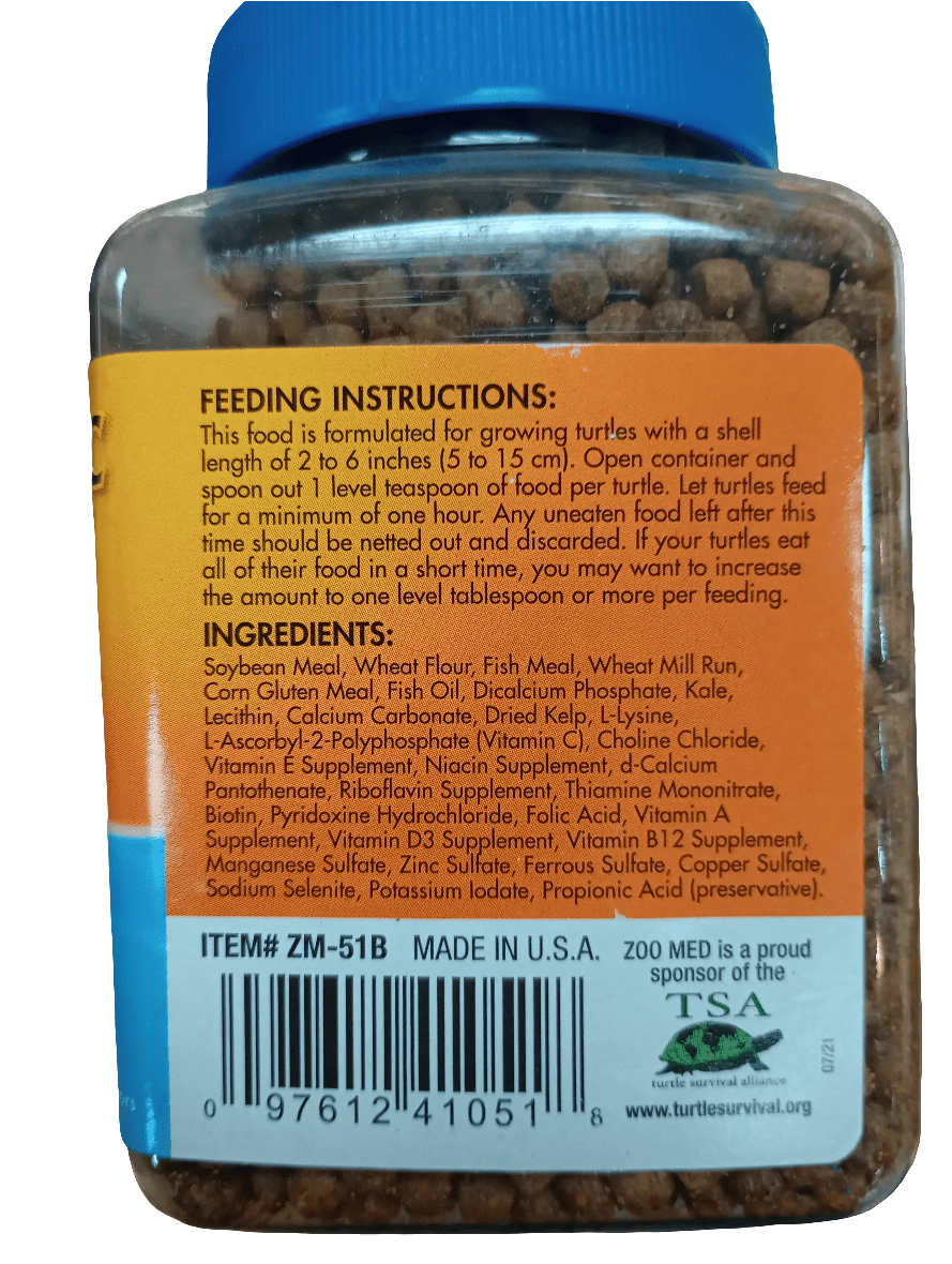 A jar labeled "Feeding Instructions" for ZooMed Growth Formula 7.5oz turtle food, detailing ingredients such as soybean meal and fish meal, and providing feeding instructions for turtles. Made in the USA with a website link at the bottom, and a visible barcode.