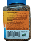 A jar labeled "Feeding Instructions" for ZooMed Growth Formula 7.5oz turtle food, detailing ingredients such as soybean meal and fish meal, and providing feeding instructions for turtles. Made in the USA with a website link at the bottom, and a visible barcode.