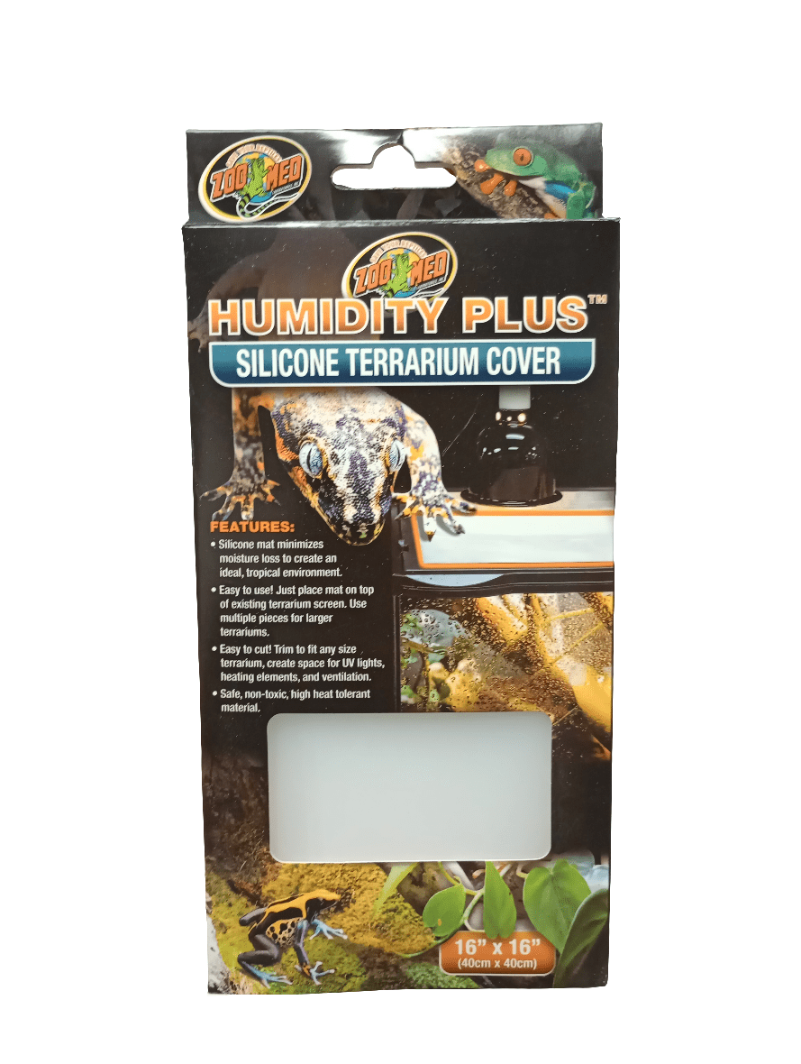 The ZooMed Humidity Plus Silicone Terrarium Plus 16x16 comes with packaging that includes a vented top and is designed for moisture retention. The cover features images of a frog and terrarium, with the size marked as 16 x 16 inches (60cm x 40cm).