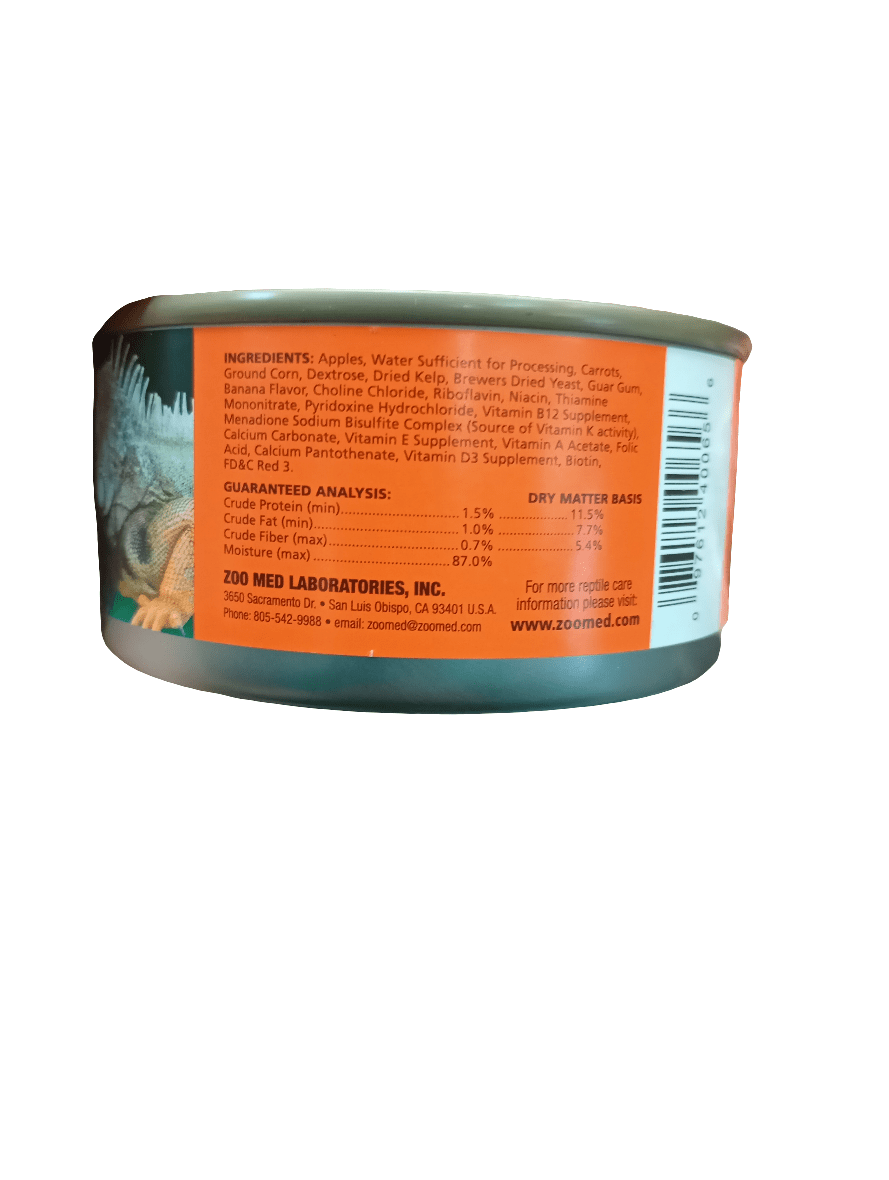 Image of a ZooMed Iguana Food label. The ingredients listed include apples, carrots, and ground clover. The label provides nutritional information and the manufacturer's contact details at the bottom.