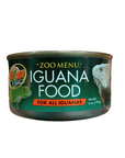 A 6 oz (170 g) can of ZooMed Iguana Food designed for all types of iguanas, featuring a label adorned with images of iguanas and incorporating green and orange design elements.