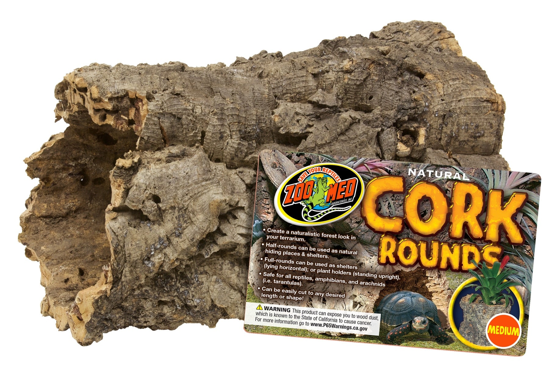 Displayed alongside its packaging, labeled as ZooMed - Jumbo Cork Round, is a ruggedly textured piece of natural cork bark. The packaging showcases an image of a tortoise along with care instructions for terrarium use.