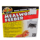 Introducing the ZooMed Mealworm Feeder featuring vibrant graphics. This design emphasizes the excitement of feeding time and encourages observing reptiles as they hunt. The illustration includes a lizard alongside mealworms in the feeder, accompanied by a QR code and marked with "PATENT PENDING.