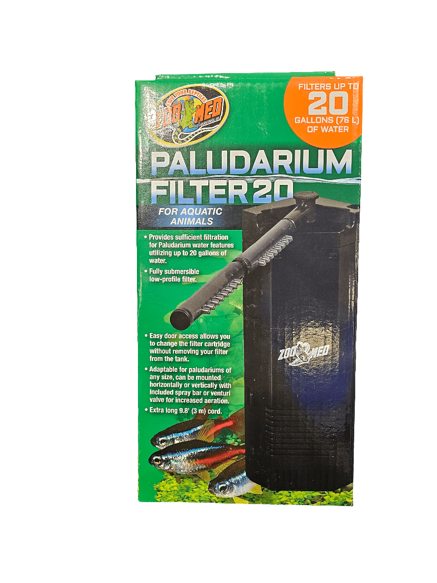 The ZooMed - Paludarium Filter 20 is designed for aquatic animals and provides versatile filtration with a triple filtration system suitable for environments up to 20 gallons. It comes with an easy-access door for replacing cartridges, includes tubing, and features an image of the submersible filter, making it ideal for paludarium filtration needs.