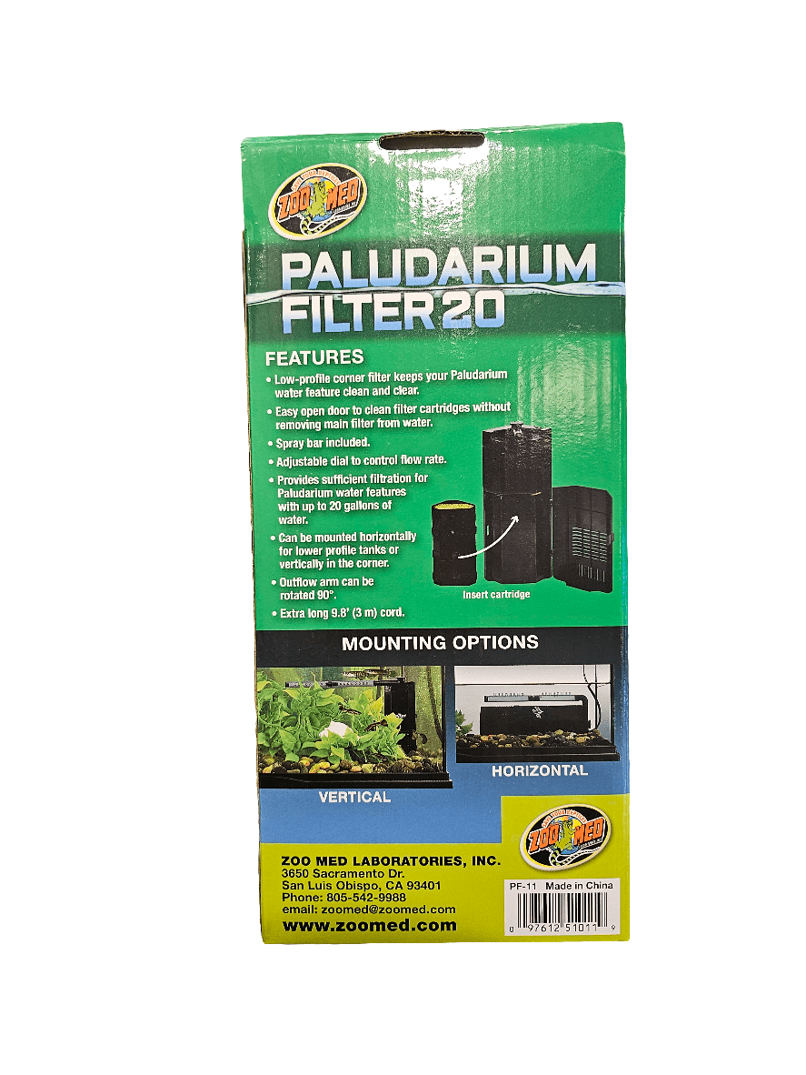 The packaging highlights the ZooMed - Paludarium Filter 20, which boasts a sleek, low-profile design, an adjustable dial for controlling flow, and flexible mounting options. Ideal for paludarium filtration needs, it includes an image of the filter in use. Made in China.