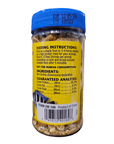 A jar of ZooMed Red Shrimp .5oz featuring a blue lid. The label provides feeding instructions, lists ingredients (Red Shrimp/Solenocera melantho), and includes a guaranteed analysis of crude protein and fat content. Barcode and product information are visible at the bottom.