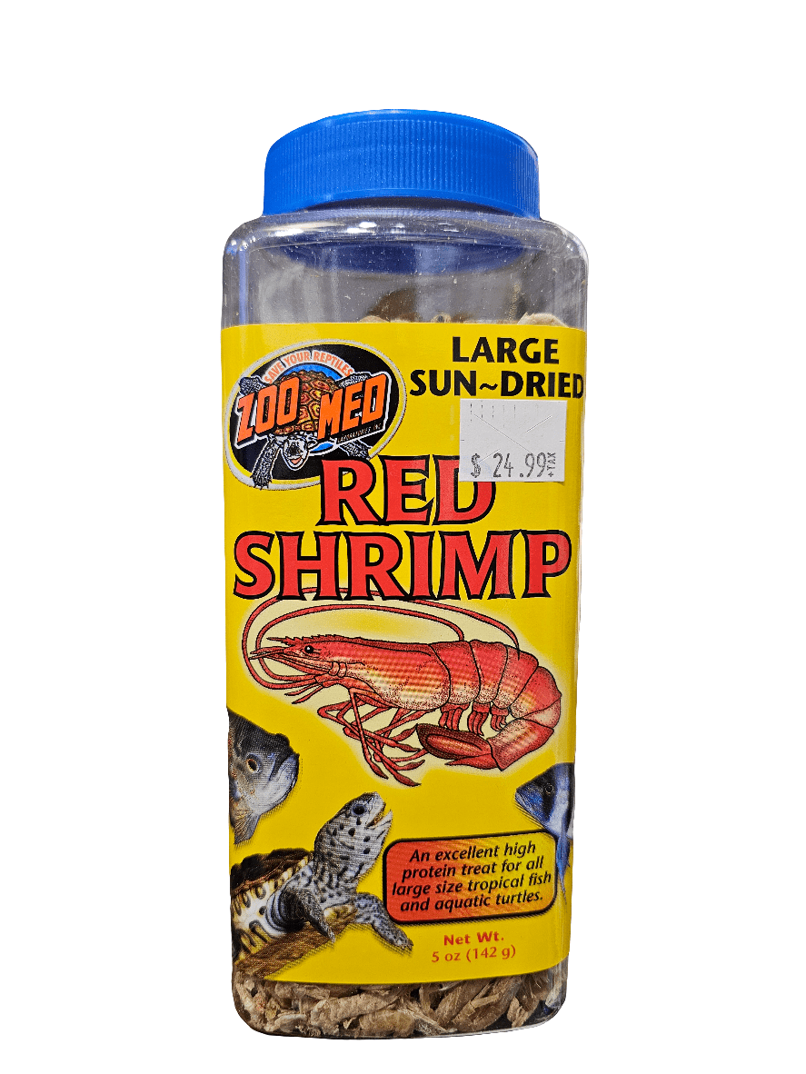 A container of ZooMed - Red Shrimp 5oz with a blue lid features illustrations of red shrimp and fish. Priced at $24.99, this 142 g package offers a protein-rich diet ideal for aquatic turtles and fish.