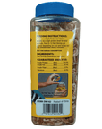 The ZooMed - Red Shrimp 5oz is a transparent plastic container of protein-rich fish food featuring sun-dried red shrimp. It has a yellow label detailing feeding instructions, guaranteed analysis, and a warning stating it is not for human consumption. This product is suitable for aquatic turtles and is made in China.