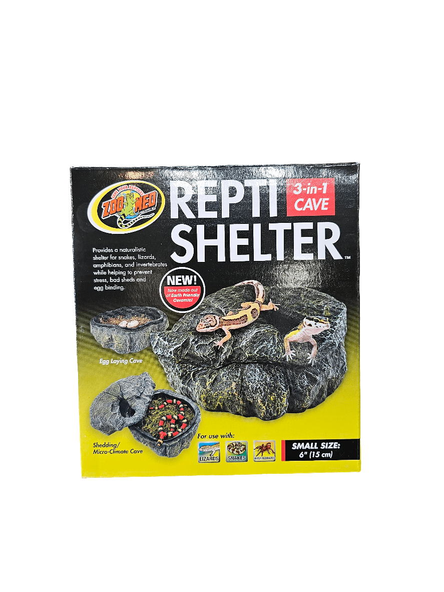 Small-sized ZooMed - Repti Shelter - 3-in-1 Sml (6) featuring reptile images on the shelter, designed for egg laying, shedding, or use as a hideout. Comes in black and yellow packaging with product details.