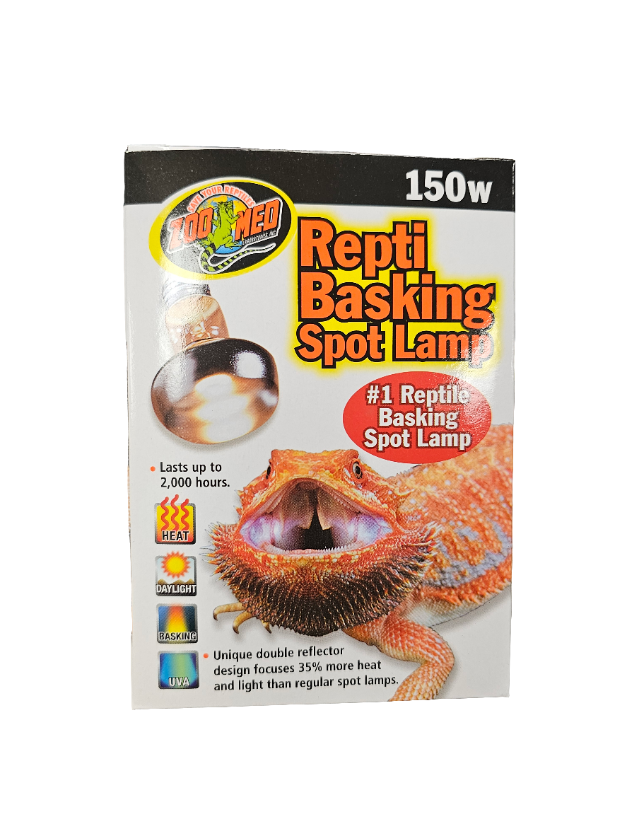 The packaging for the Zoo Med - ReptiBasking Spot Lamp 150w showcases an image of a basking lizard and emphasizes its benefits: providing up to 2,000 hours of continuous heat, offering daylight bulb advantages, and featuring UVA basking light properties with a unique double reflector design for concentrated heat.