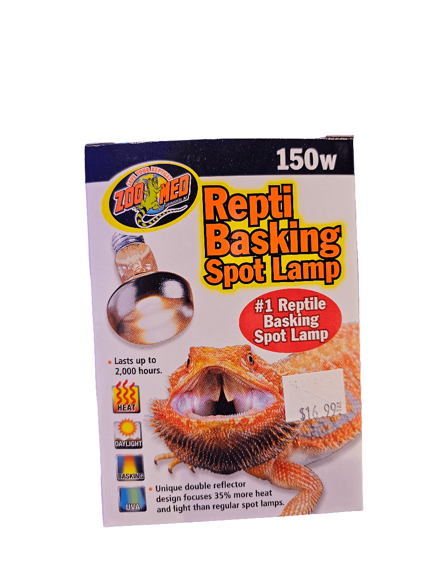 A box of ZooMed - ReptiBasking Spot Lamp 150w features a photo of a bearded dragon and highlights its benefits, such as lasting up to 2,000 hours and providing 35% more heat and light. The price tag is visible at $16.99.