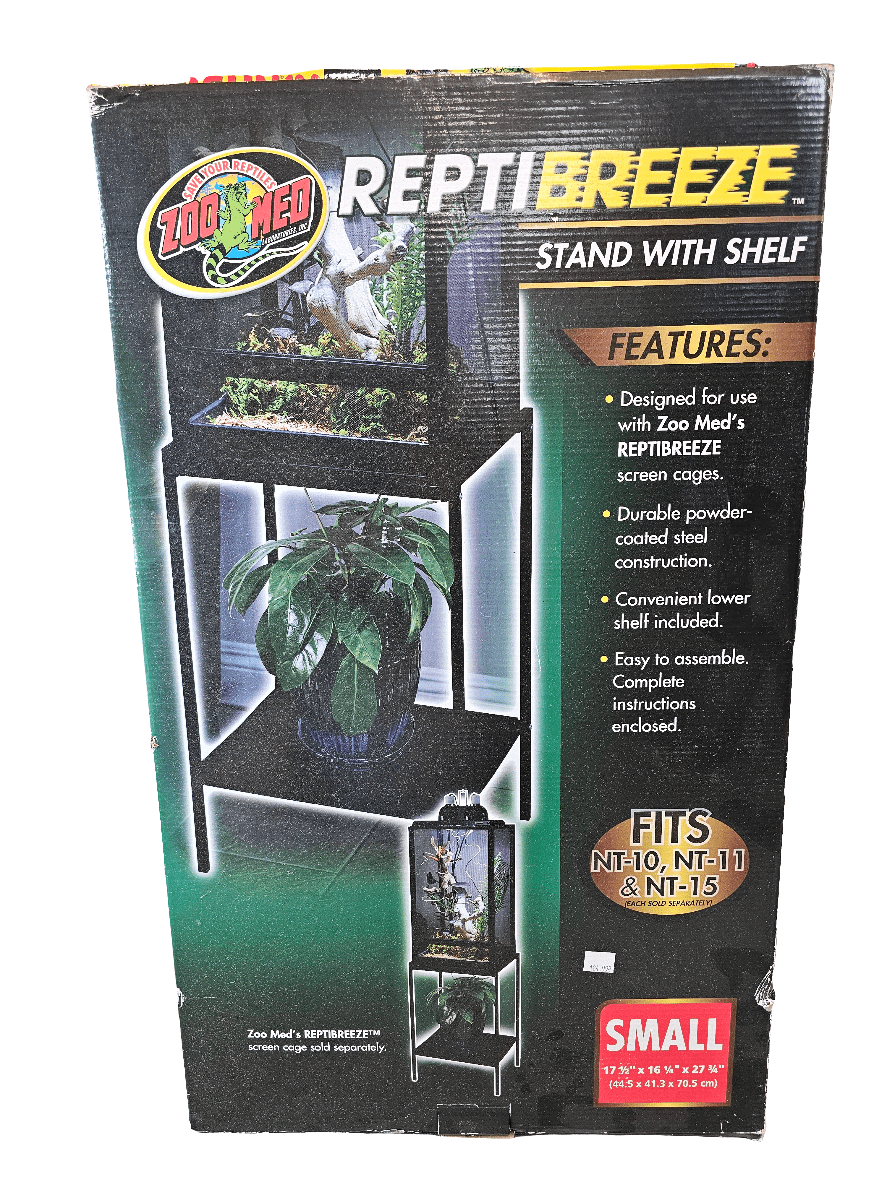 Introducing the ZooMed ReptiBreeze Stand with Shelf Small: This stand is designed for easy assembly and durable construction, compatible with NT-10, NT-11, and NT-15 screen cages, making it ideal for small enclosures.