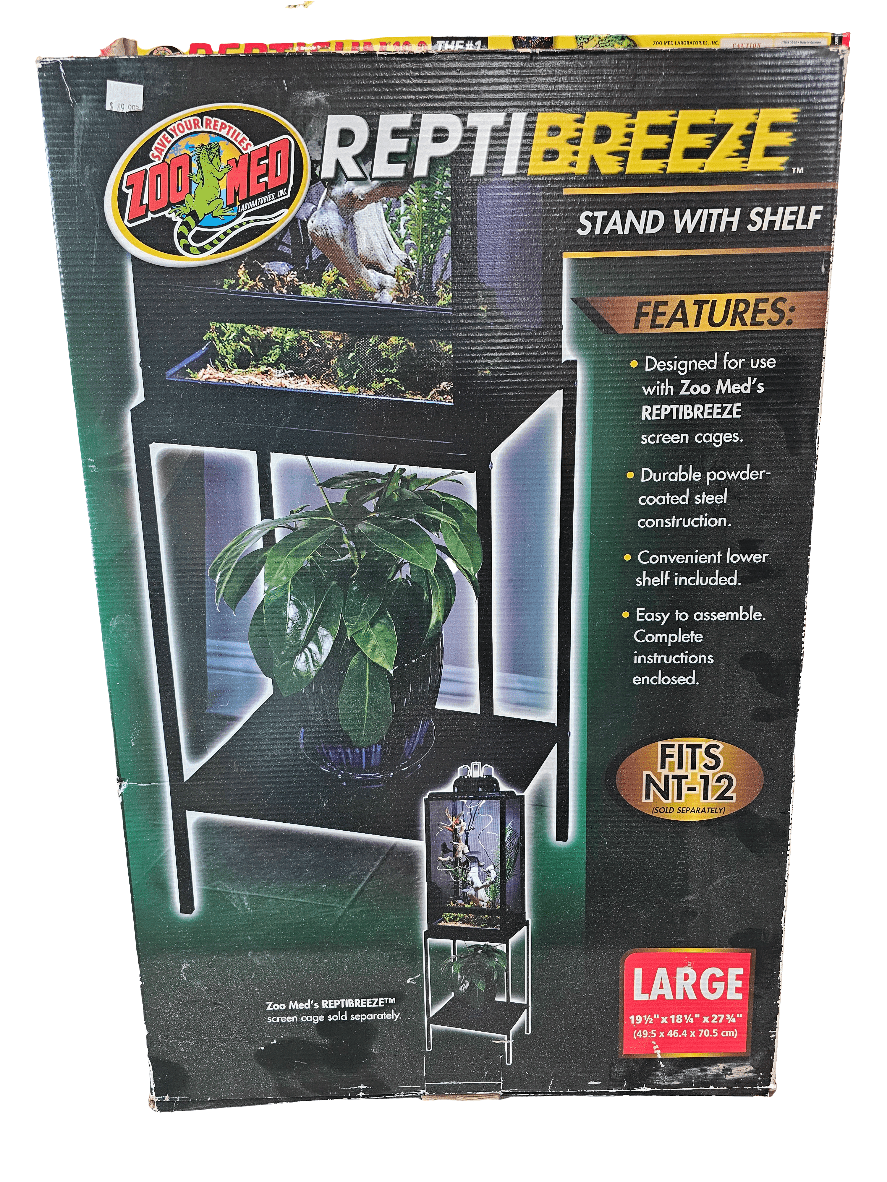 Packaging for the ZooMed - ReptiBreeze Stand w/ Shelf LRG, featuring an image of the product paired with a terrarium and plant. It emphasizes features such as compatibility with Zoo Med's ReptiBreeze screen cages, its durable construction, and easy assembly. The size is indicated as large.