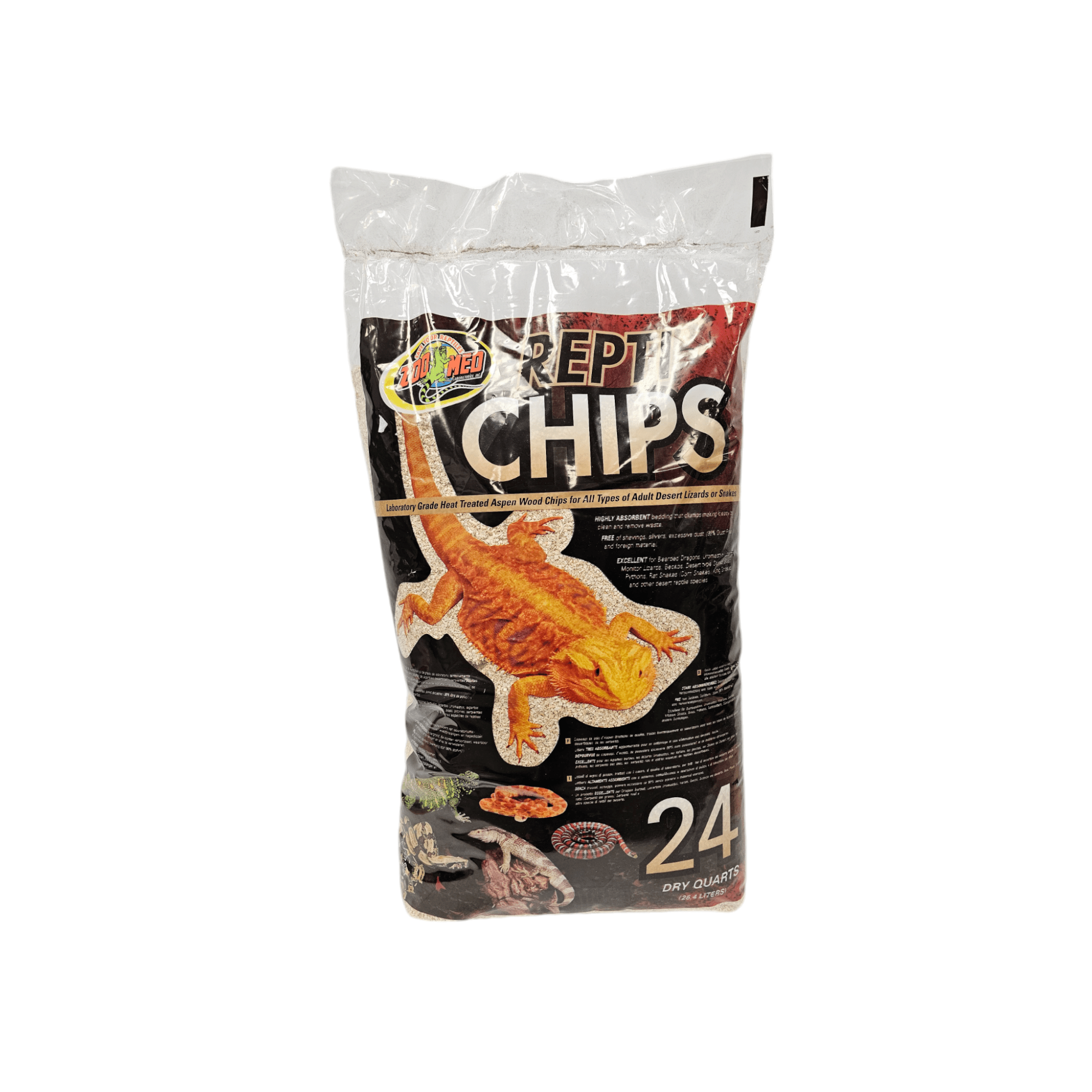 ZooMed ReptiChips 24qt, with packaging that showcases an orange lizard image, is designed for use as bedding and is suitable for a variety of reptiles. The bag holds 24 dry quarts.