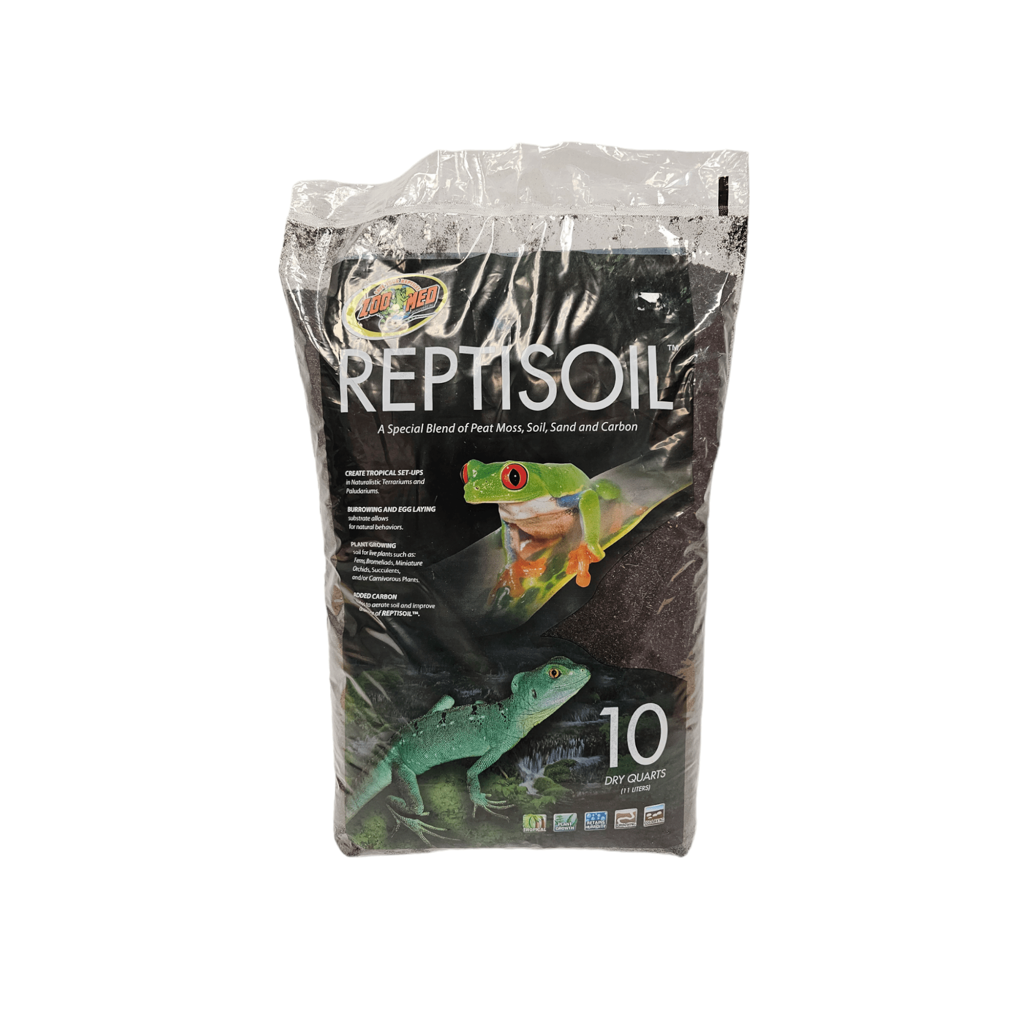 A sealed bag of ZooMed ReptiSoil 10qt, showcasing an image of a green gecko and a chameleon. The packaging highlights that it contains a unique blend of peat moss, soil, sand, and carbon for reptiles.