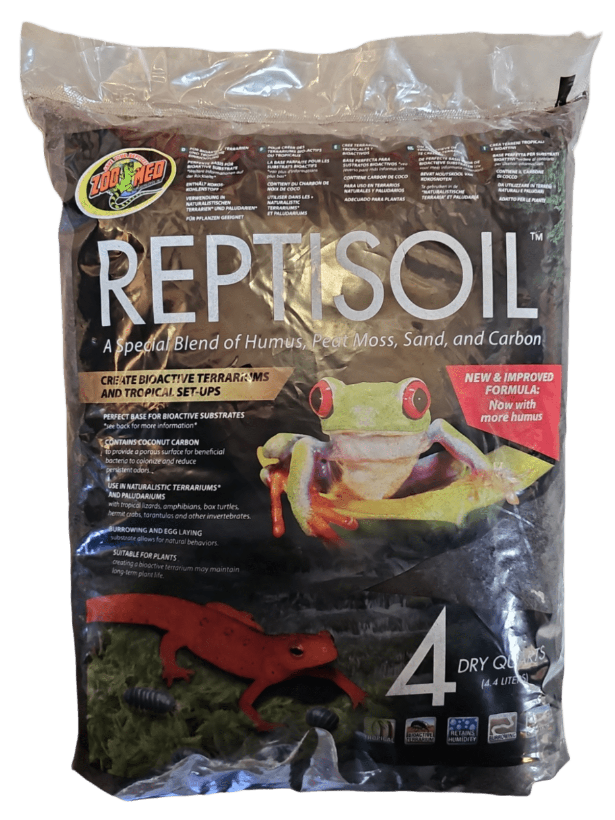 A ZooMed ReptiSoil 4 qt bag is on display, with packaging highlighting its unique mix of humus, peat moss, sand, and carbon. The design includes an illustration of a vibrant frog and a red salamander, perfect for crafting bioactive terrariums.