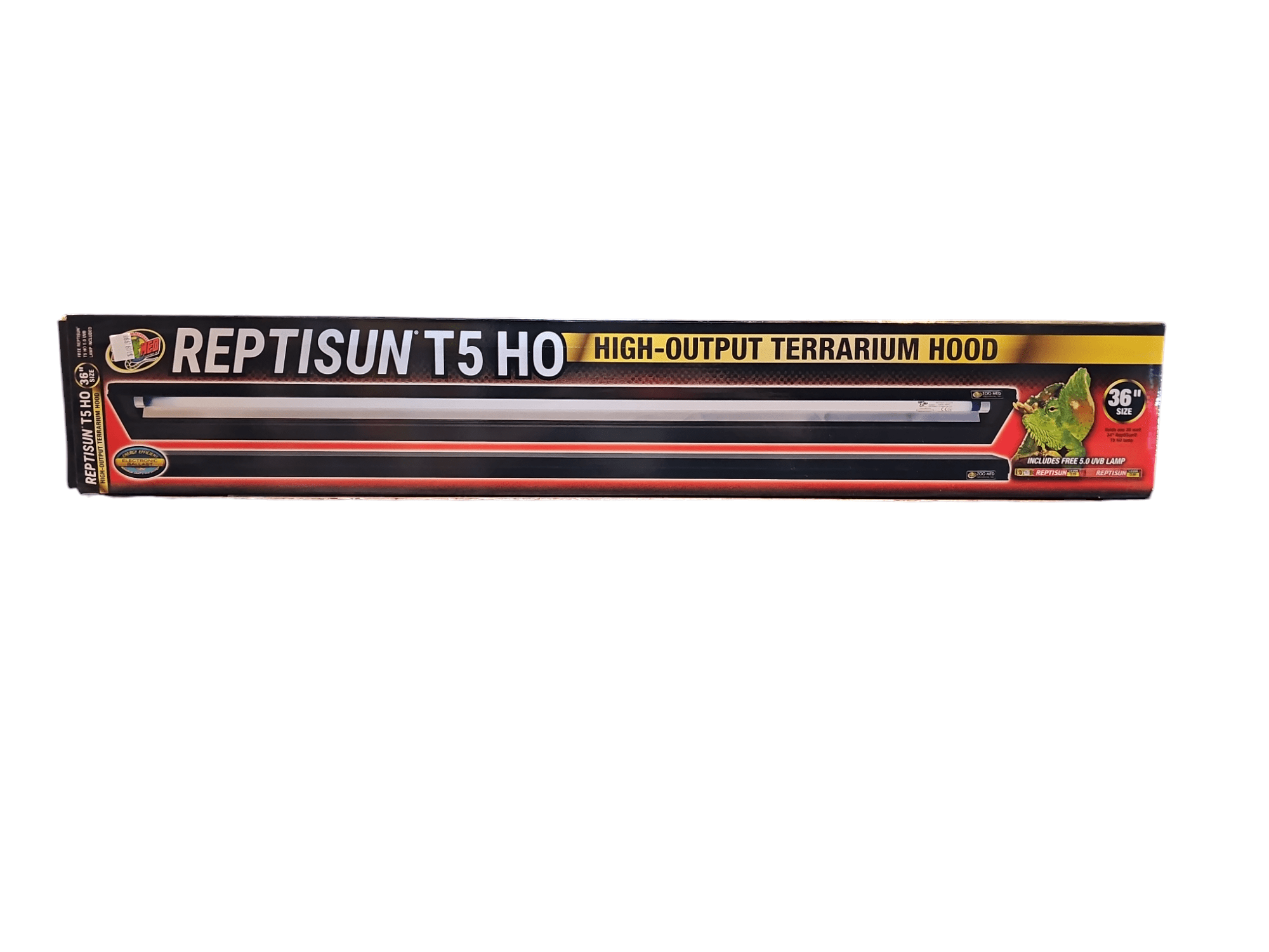 Box of a ZooMed ReptiSun T5 HO 36" 39w with a black and red design. The packaging features images of reptiles and provides product details.