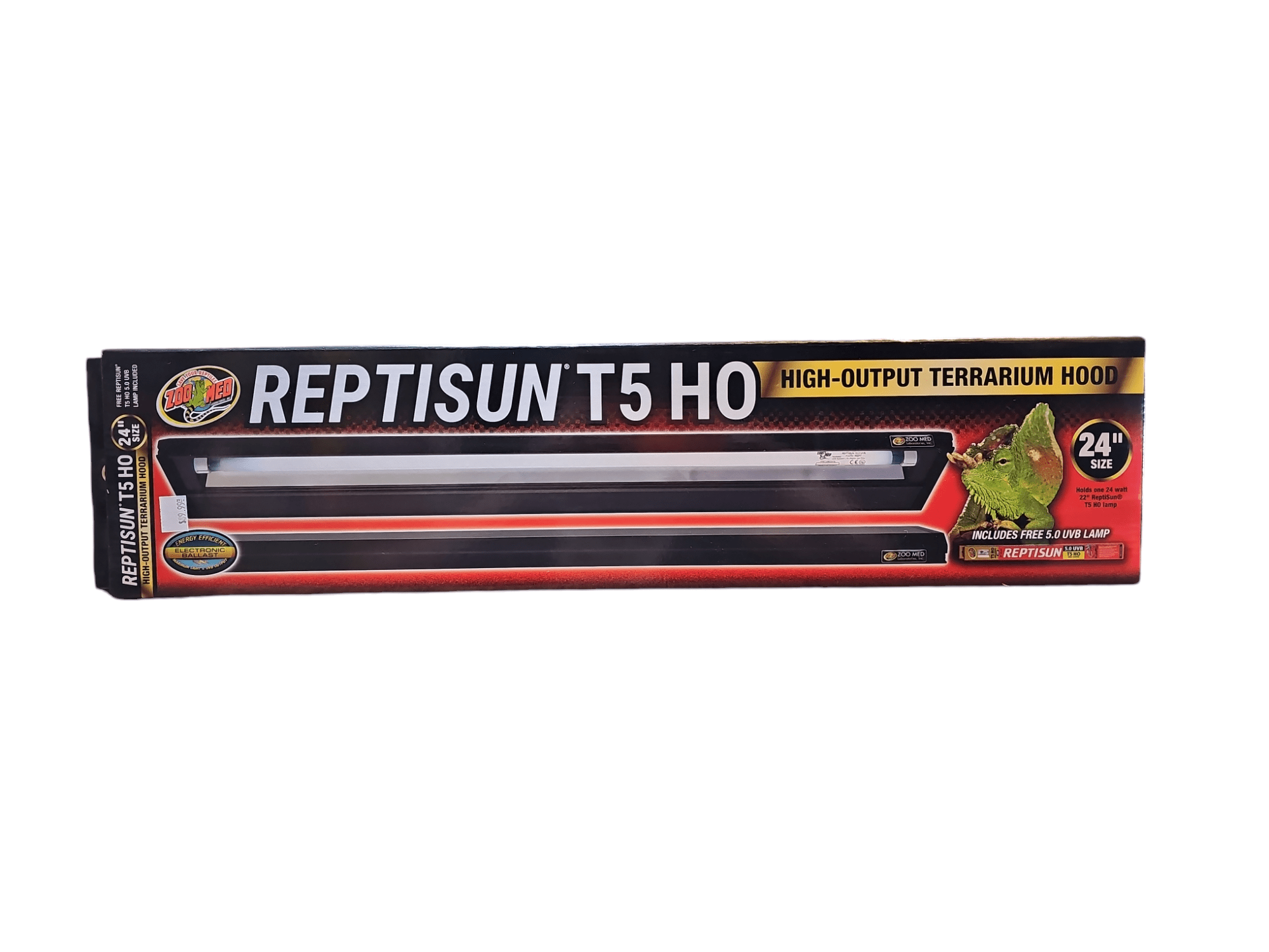 A black and red box featuring the ZooMed ReptiSun T5 HO Terrarium Hood, showcasing images of the hood light alongside a reptile. The packaging indicates a 24-inch size and specifies that it includes a ReptiSun 5.0 UVB lamp.