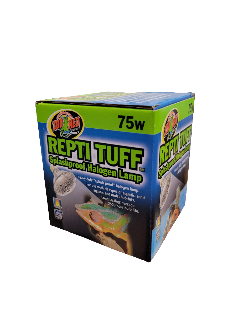 Image of a ZooMed ReptiTuff Splashproof Bulb 75 Watt box, showcasing colorful text, reptile images, and details about its 2500-hour lifespan.