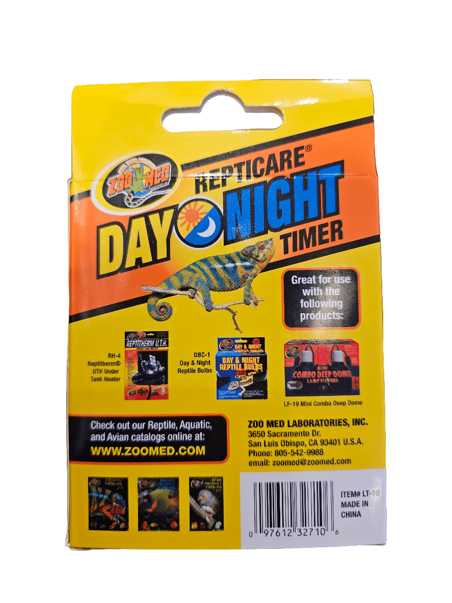 The packaging of the ZooMed Repticare Day/Night Timer features a vibrant chameleon against a bright yellow background, complemented by product images. It emphasizes its compatibility with specific Reptile, Aquatic, and Avian catalogs to provide automated lamp control for an ideal day/night cycle. The packaging also includes contact details and a website link.