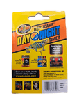 The packaging of the ZooMed Repticare Day/Night Timer features a vibrant chameleon against a bright yellow background, complemented by product images. It emphasizes its compatibility with specific Reptile, Aquatic, and Avian catalogs to provide automated lamp control for an ideal day/night cycle. The packaging also includes contact details and a website link.